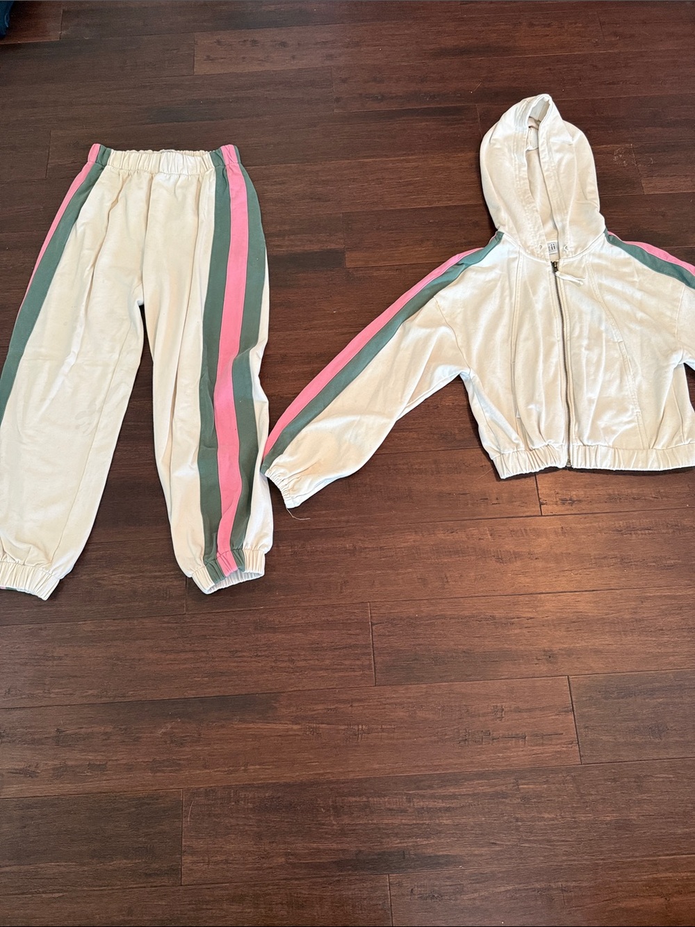 Cream Velour Hoodie & Jogger Set with Pink and Green Stripes